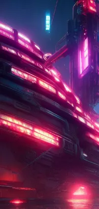 Get the coolest and most mesmerizing phone wallpaper with a futuristic ship gracefully floating atop the tranquil waters, amid glowing pink neon lights and towering, modern skyscrapers