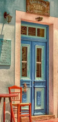 Looking for a charming live wallpaper for your phone? Check out this lovely scene featuring two wooden chairs in front of a blue door