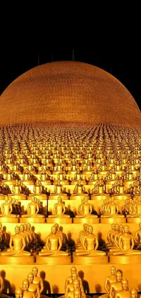 This stunning live wallpaper depicts a serene scene featuring a large group of Buddha statues in front of a golden dome