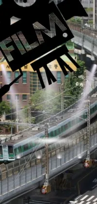 This phone live wallpaper showcases a close-up of a train on its track, overlayed with a breathtaking picture and accompanied by mesmerizing graffiti, a world-renowned movie poster, and stunning water jets