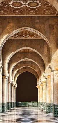 This live phone wallpaper features a beautiful hallway with intricate arabesque designs and high arches