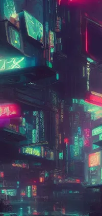 Immerse yourself in a stunning cyberpunk-inspired cityscape with this phone live wallpaper