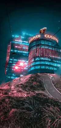 This phone live wallpaper depicts a bear standing on a rock in front of a cyberpunk building, with nuclear art elements and gigantic neon signs