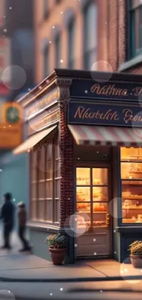 This live wallpaper features a charming yet photorealistic scene of a small bakery situated along a bustling street