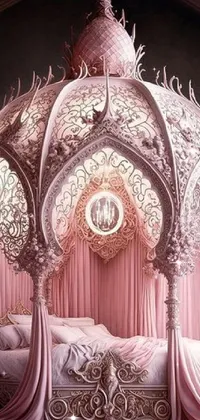 This phone live wallpaper features a luxurious king-size canopy bed adorned with handcuffs and ribbons, set in a Rococo-style room with ornate details and intricate patterns in shades of pink and red