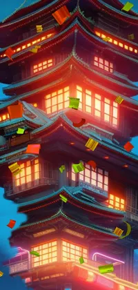 Feast your eyes on this phone live wallpaper featuring a captivating, cartoon-style, Japanese architecture - a grand building standing tall atop a snowy slope