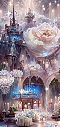 This phone live wallpaper showcases a stunning painting of a castle surrounded by vibrant flowers, glowing candles, and translucent roses ornate