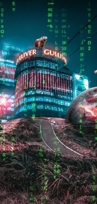 This phone live wallpaper showcases a surreal cyberpunk cityscape with a cow standing on a rock in front of a building