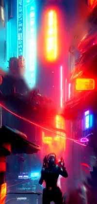 This stunning phone live wallpaper showcases a striking cyberpunk scene set in a vibrant, neon-lit city at night