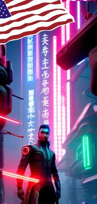 Looking for a cyberpunk-inspired live wallpaper for your phone? Look no further than this vertical design, featuring a futuristic man standing in front of an American flag