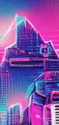 This live wallpaper showcases an outstanding neon city at night, painted in pink synthwave style