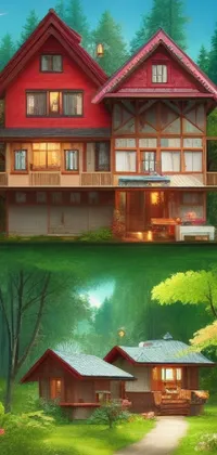 This phone live wallpaper showcases a beautiful luxurious wooden cottage in a dense forest setting, with European and Japanese architectural influences