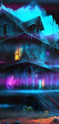 This phone live wallpaper features a low-resolution, colorful, and dilapidated haunted house illuminated under the moonlight