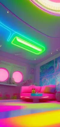 This phone live wallpaper features a vibrant neon pastel living room complete with furniture and mesmerizing neon lights