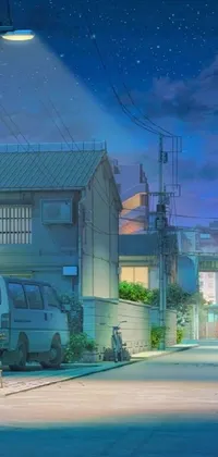 This anime live wallpaper showcases a tranquil street scene with an elegantly-drawn alleyway and towering apartment complex in the background