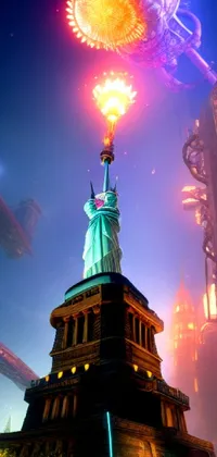 This phone live wallpaper showcases the Statue of Liberty atop a vibrant skyscraper, lit from below with brilliant red lighting