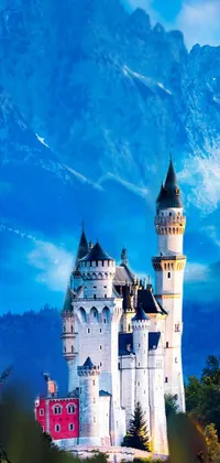 This vivid and enchanting phone live wallpaper features a stunning matte painting of a fairytale castle perched atop a lush green hillside