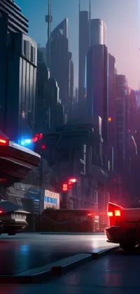 This stunning live wallpaper features a futuristic urban scene with a car driving down a city street next to tall buildings