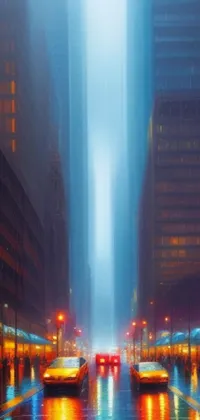 This iconic phone live wallpaper showcases a bustling city street, complete with modern skyscrapers, realistic traffic, and plenty of pedestrians