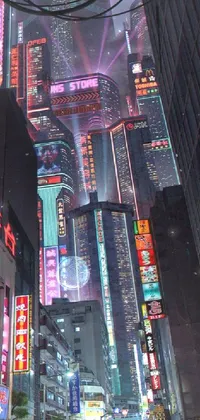 This cyberpunk city street phone live wallpaper features a bottom-up view of tall buildings and bustling activity