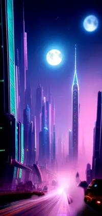 This live phone wallpaper features a cyberpunk city at night