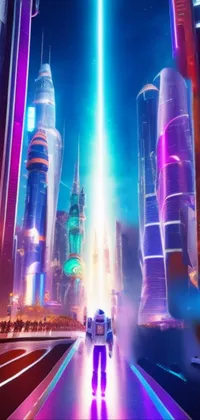 This futurism live wallpaper features a vibrant movie poster-like design of a man walking down a bustling city street at night