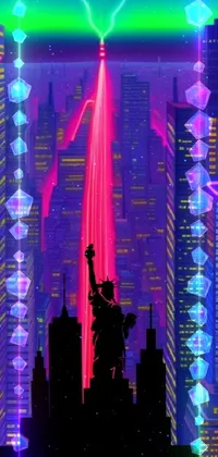 This live wallpaper boasts a captivating cyberpunk art featuring two individuals on a skyscraper gazing out at a neon-lit city - a retro-futuristic 80s-themed digital creation by an anonymous artist, with lifelike motion and vibrant shifting lights and colors