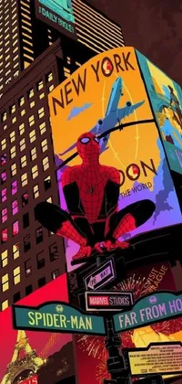 Check out this incredible Spider-Man live wallpaper for your phone! Featuring a digital art poster of the superhero scaling a building against the New York skyline, this wallpaper is a must-have for Marvel fans