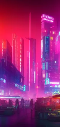 This live phone wallpaper is a stunning image of a futuristic city at night
