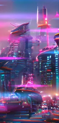 Looking for a phone live wallpaper that screams futuristic and cyberpunk vibes? Then check out this stunning wallpaper featuring a vibrant and colorful retrofuturistic city at night