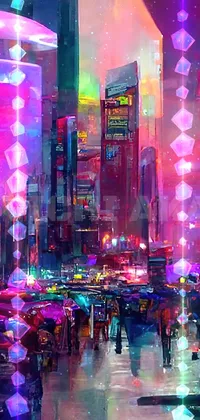 This live phone wallpaper showcases a digitally painted cyberpunk city at night, featuring bold and vivid 80s-inspired sci-fi art
