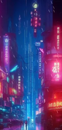 This phone live wallpaper features a stunning cyberpunk cityscape at night