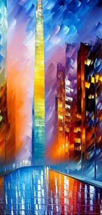This phone live wallpaper depicts a painting of a city at night, with tall buildings on the sides, abstract mirrors, bright colors oil on canvas, twisting streets and alleys with glowing lights, and a full moon in the background
