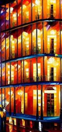 This live wallpaper features a stunning art deco painting of a lit-up building at night