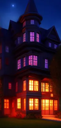This live phone wallpaper features a Victorian house illuminated by warm light at night, with a full moon in the silver sky adding a touch of magic