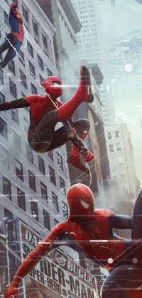 Experience the thrill of the city with this stunning Spider-Man live wallpaper for your phone! Watch as a group of Spider-Men fly through the air in a cinematic display over the bustling metropolis