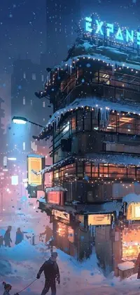 This live wallpaper features a snowy, futuristic cityscape in a cyberpunk art style