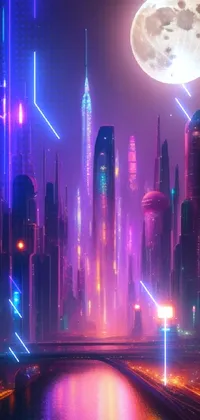 This phone live wallpaper features a cyberpunk cityscape at night, illuminated by a full moon and neon pillars