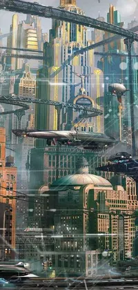 This phone live wallpaper features a bustling city filled with towering skyscrapers, set in a retro-futuristic, steampunk style