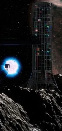 This live wallpaper depicts a detailed image of a fictional space station destroying a cityscape, with a distant metallic asteroid and a space elevator visible in the background