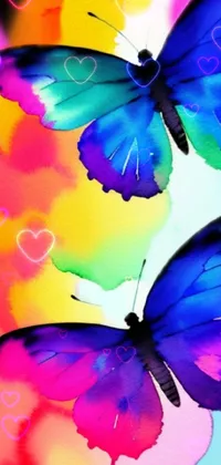 Bring your phone to life with this stunning live wallpaper featuring two blue and purple butterflies fluttering across a vibrant and colorful airbrush-style background