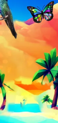 This lively phone wallpaper features a stunning, low poly rendering of a bird perched on a branch in a neo-fauvist style