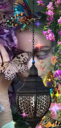 This phone live wallpaper depicts a woman with a butterfly in her hair amidst a colorful, floral universe