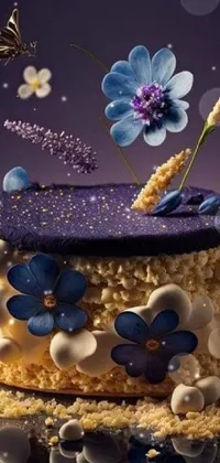This trending phone live wallpaper features a luxurious cake with exquisite flower decorations in blue and purple tones