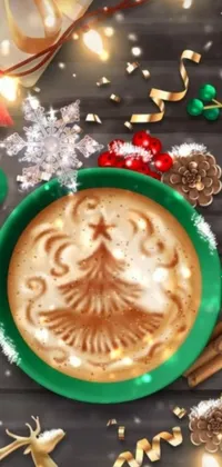 This phone live wallpaper showcases a steaming cup of coffee resting atop a wooden table, surrounded by festive colors