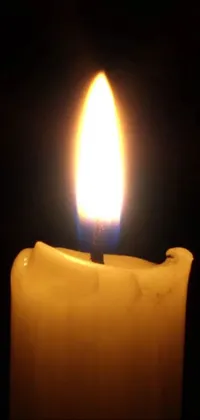 This phone live wallpaper features a stunning close-up of a lit candle with orange and yellow flames illuminating the intricate details of the wax and wick