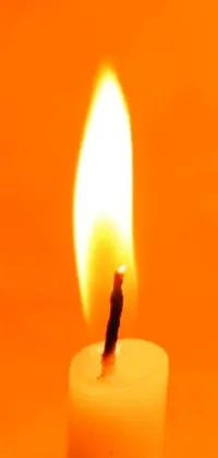 This phone live wallpaper features a realistic lit candle on a table with dynamic flickering flames set against an orange background