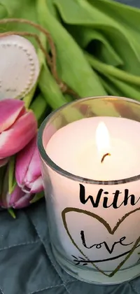 A stunning live wallpaper that depicts a glowing candle placed amidst a cluster of gorgeous pink tulips