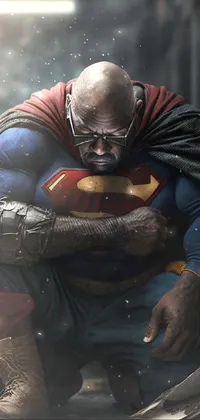 This phone live wallpaper features a 3D illustration of a superman-like figure dressed in a red and blue suit, sitting on the ground with a serious expression on his face