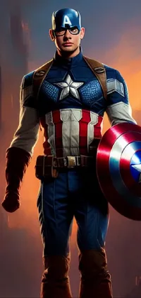 This <a href="/">phone live wallpaper</a> depicts a character in a Captain costume holding a shield, inspired by American patriotism